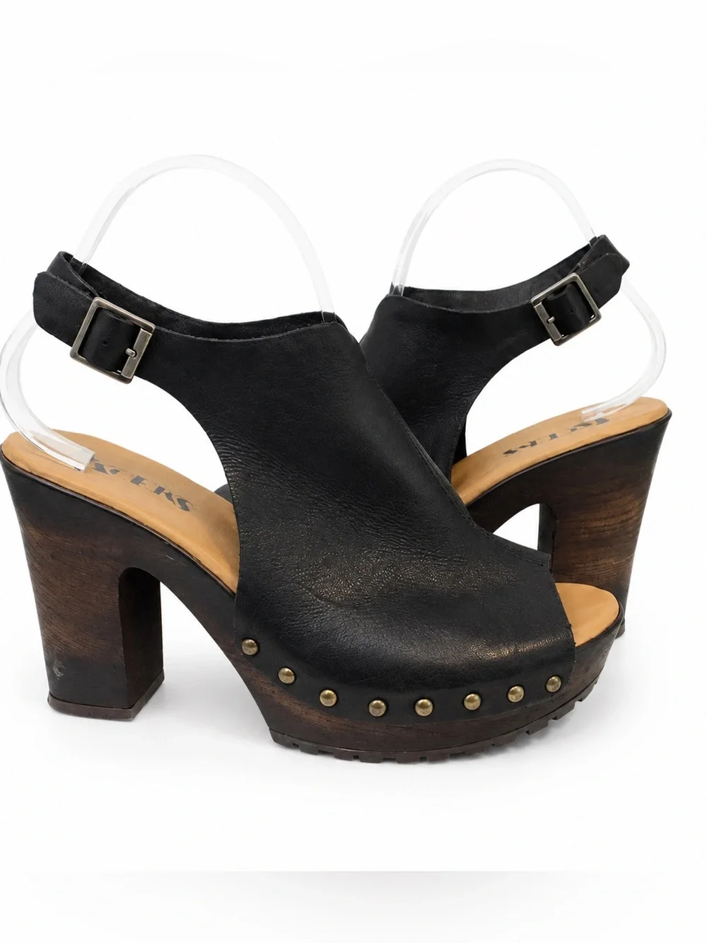 KORKS Women's Black Leather Sling-back Open Toe Nail-head Studded Platform Heels